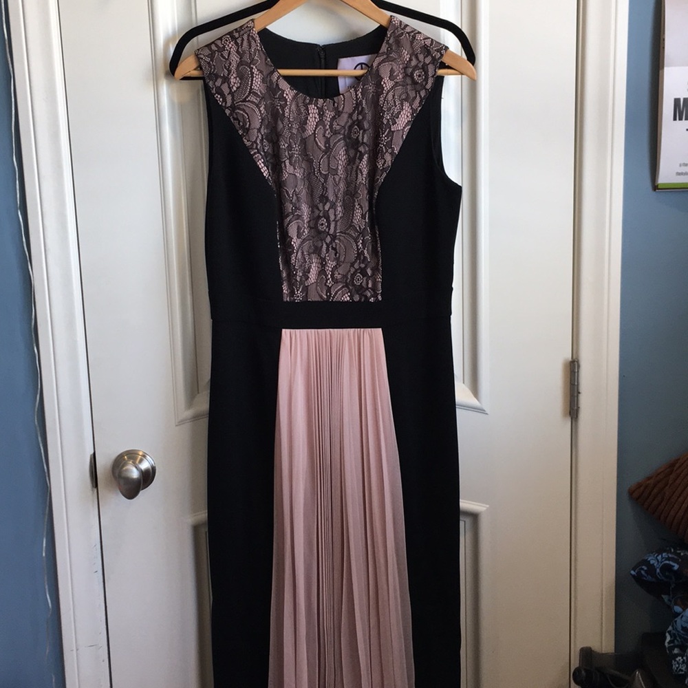 Blush and black lace formal prom dress